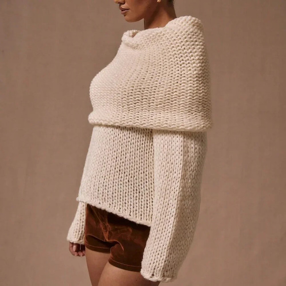 Cream Casual Women's Oversized Foldover Boat Neck Knit Jumper - Picture 2 of 5